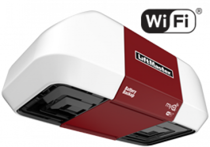 Red and white WiFi garage door opener with warning stickers, shown against a white background
