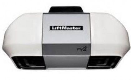 White LiftMaster garage door opener with black accents, front view