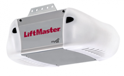 White LiftMaster garage door opener unit with red logo and gray mounting bracket