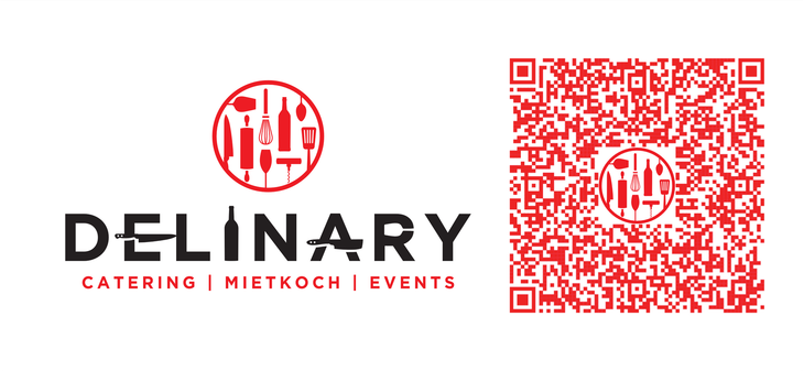 Ein Logo für ein Catering-Unternehmen mit einem QR-Code daneben.