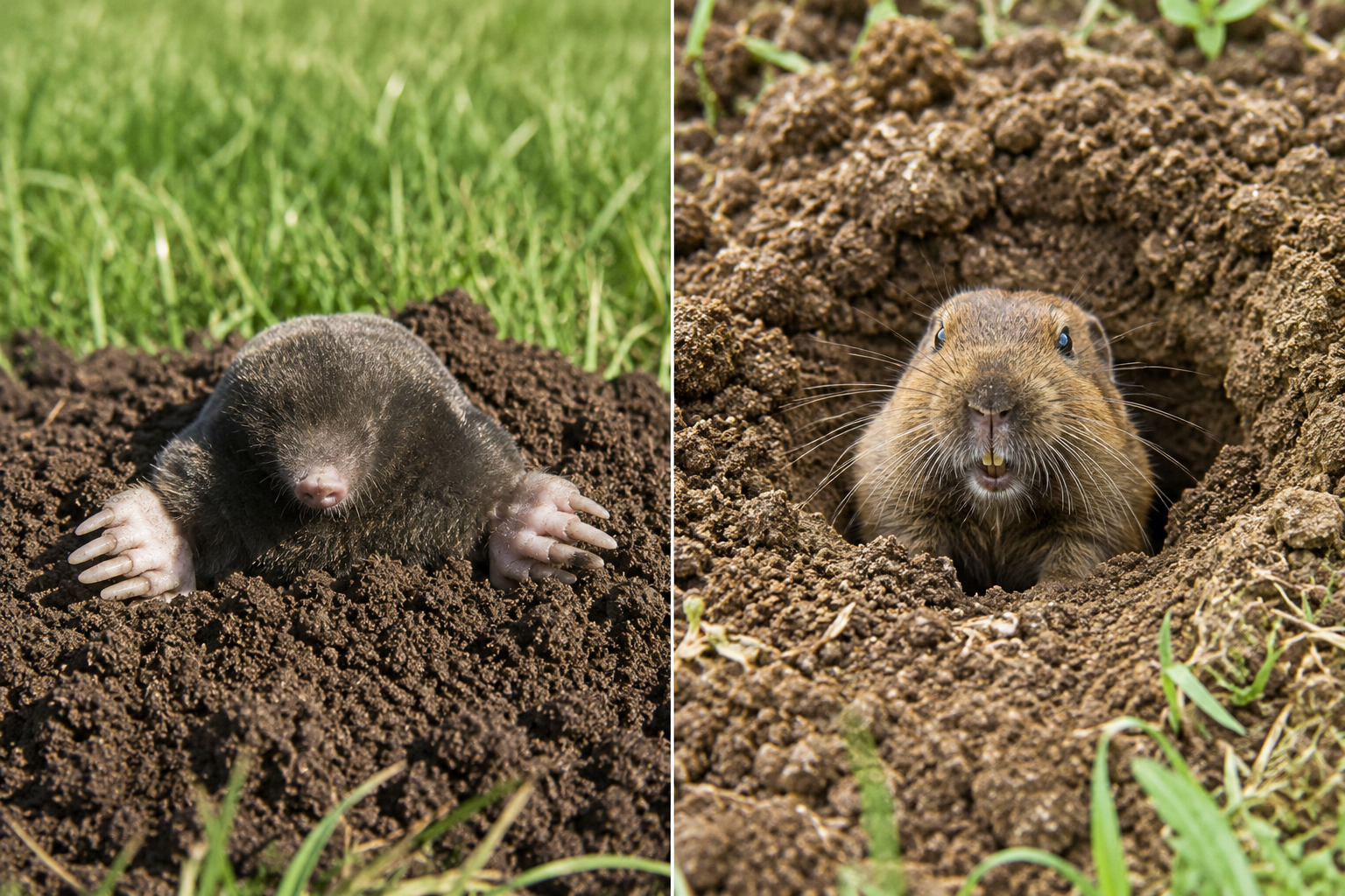 Two moles emerging from dirt mounds in a grassy field