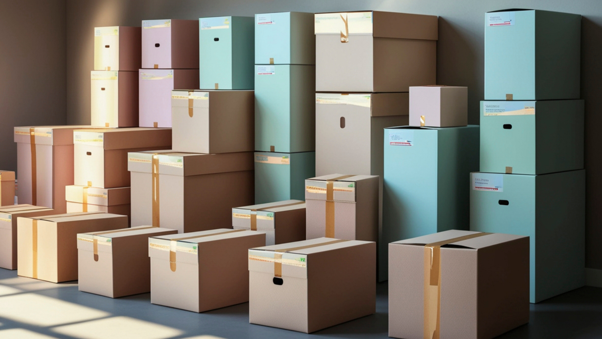Stacks of cardboard moving boxes in beige, white, and teal arranged in a warehouse or storage room.
