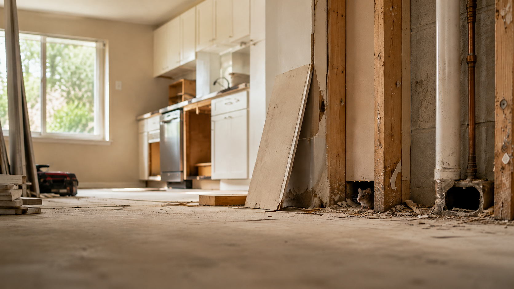 Partially demolished room with exposed studs, debris on floor, and a kitchen area in the background
