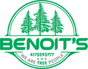 Green logo for Benoit's: Three pine trees, company name, phone number, and tagline "We are Tree People".