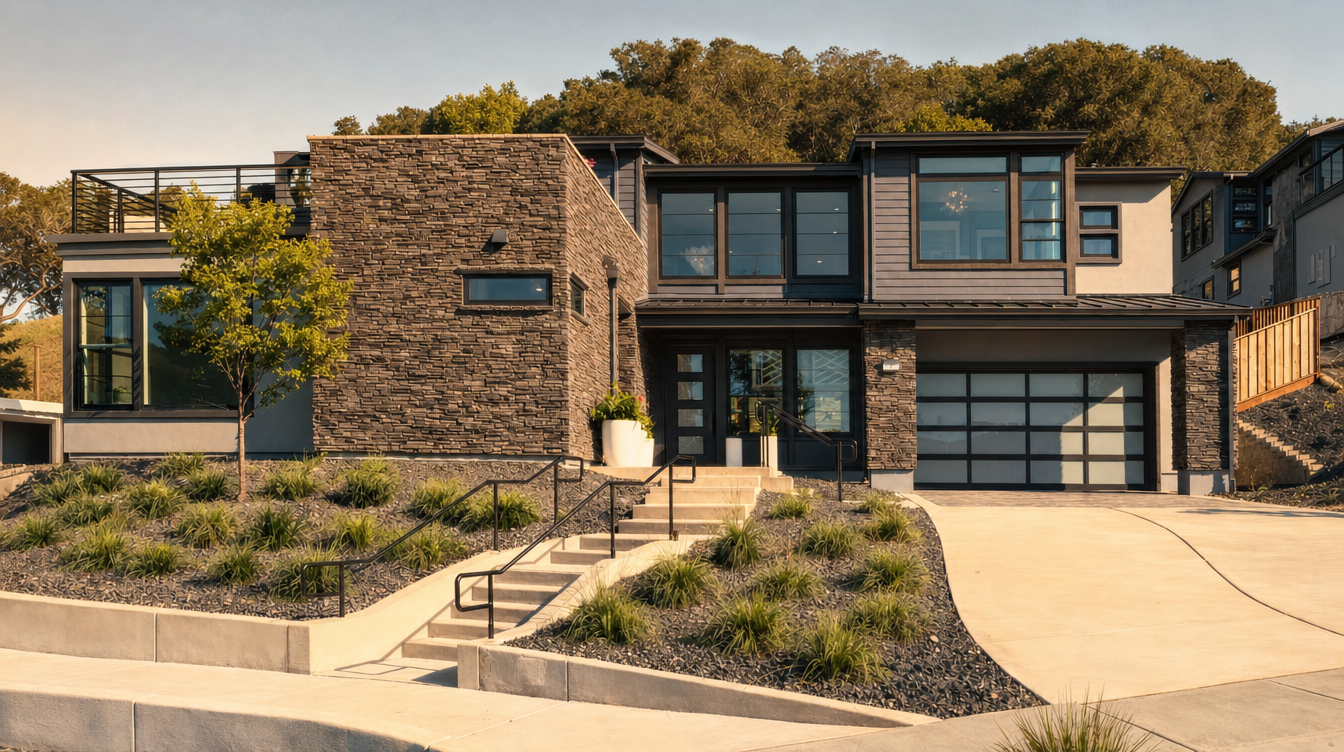 A new-construction Legacy home against the hills of Lucas Valley