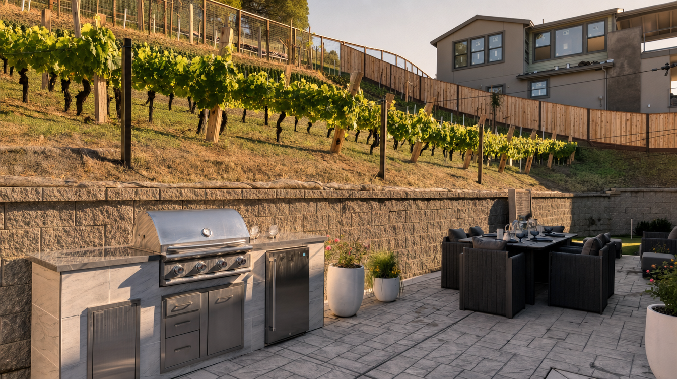 Outdoor living with a hillside vineyard view at Legacy at Lucas Valley