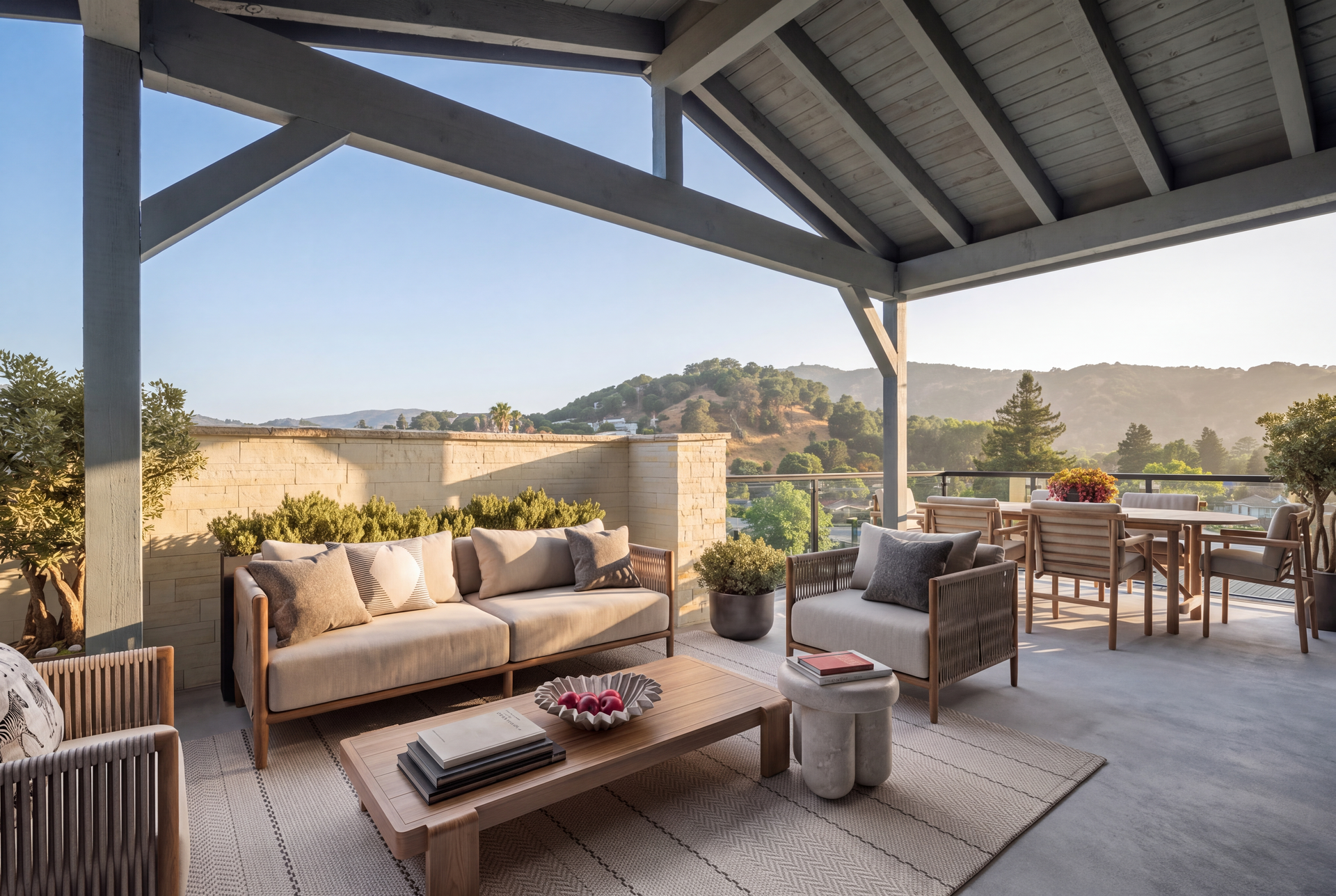 A covered outdoor terrace with a hillside view at a Legacy at Lucas Valley home in Marin County