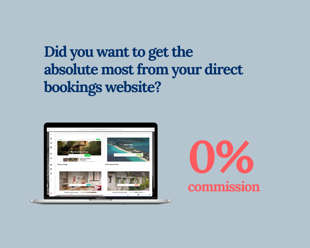 Promotional banner for direct booking website with laptop, “0% commission” text on blue background