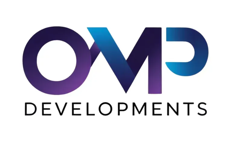 OMP Developments logo in purple and blue with black text on a white background
