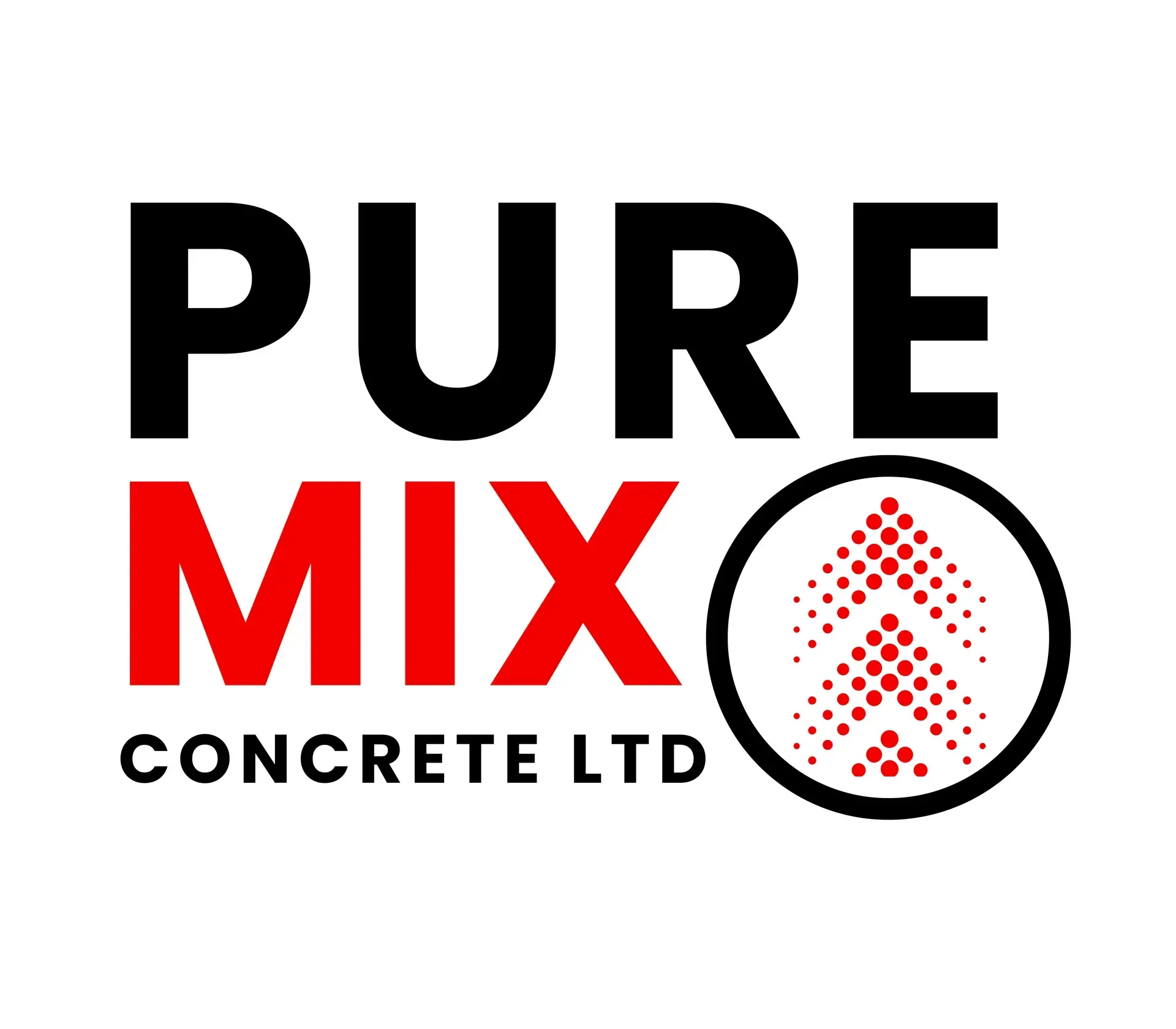 PURE MIX Concrete Ltd logo in black and red with a circular red dot pattern