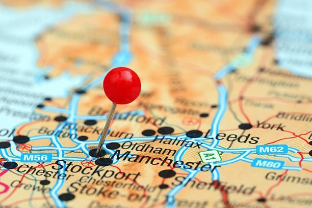 Map of the UK with a red pin marking Manchester, where AD Digital provide websites for businesses