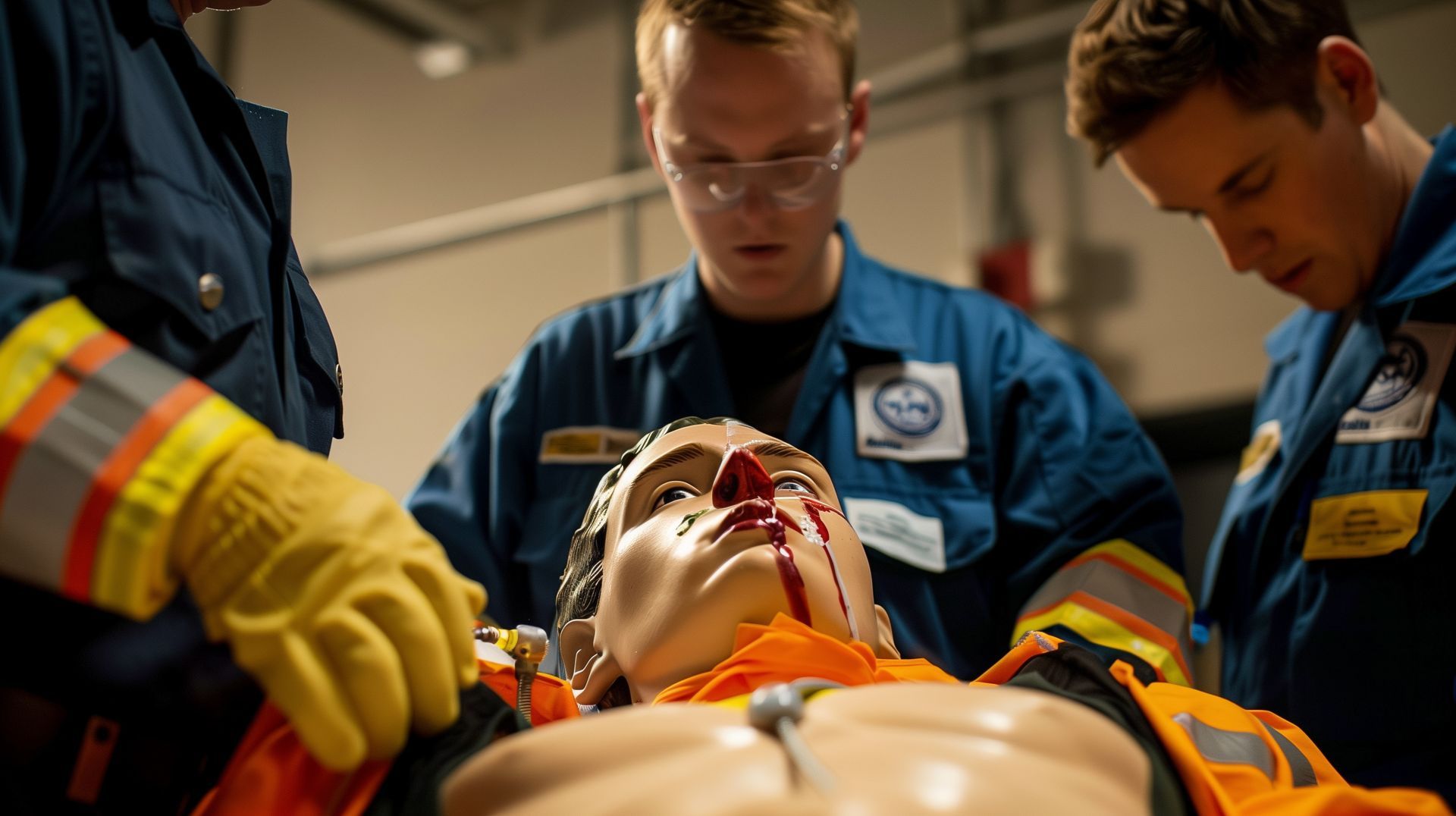 A group of paramedics are working on a mannequin.