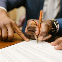 Hands signing a document on a wooden table with a pen, with another person pointing at the page.