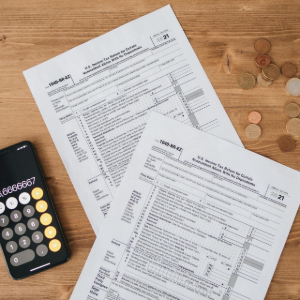 Calculator, scattered coins, and paperwork on a wooden desk.