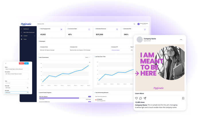 Floaiting screenshots of the Motimatic Reach Analytics dashboard and a social post.