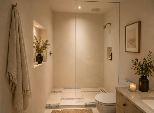 Warm beige bathroom with a freestanding tub, shower, candles, and small plants.