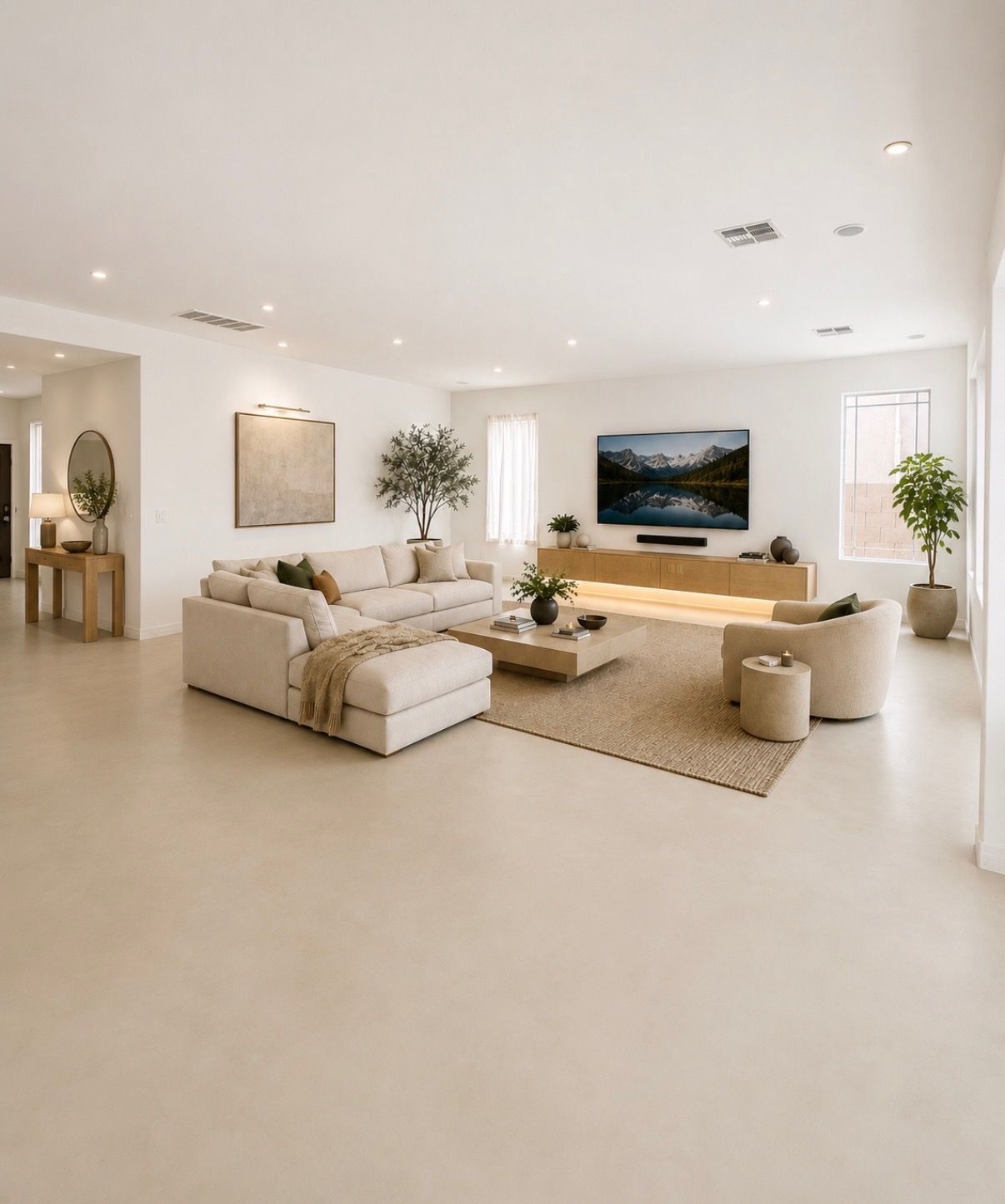 Bright modern living room with beige sectional, armchairs, wooden console, and wall-mounted TV
