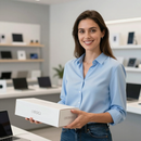 Mujer con camisa azul sosteniendo una caja blanca en una moderna sala de exposiciones de oficinas.