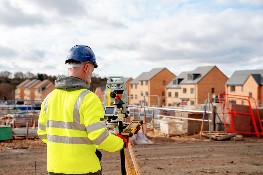 Surveyor in yellow safety jacket using equipment at a residential construction site