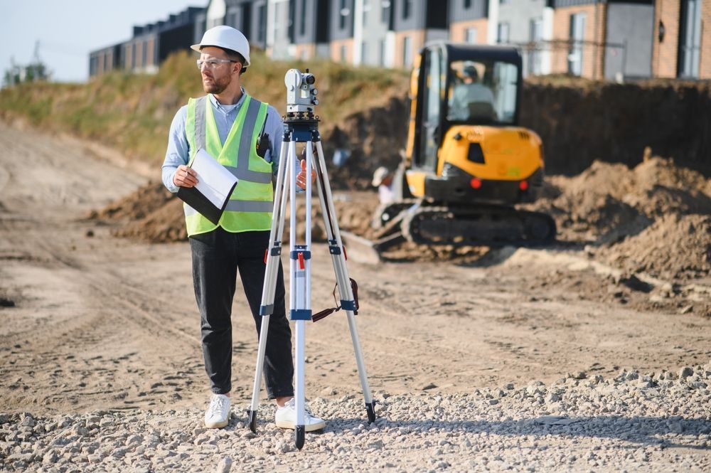 Surveyor in reflective vest with tripod at construction site near excavator, holding a clipboard.