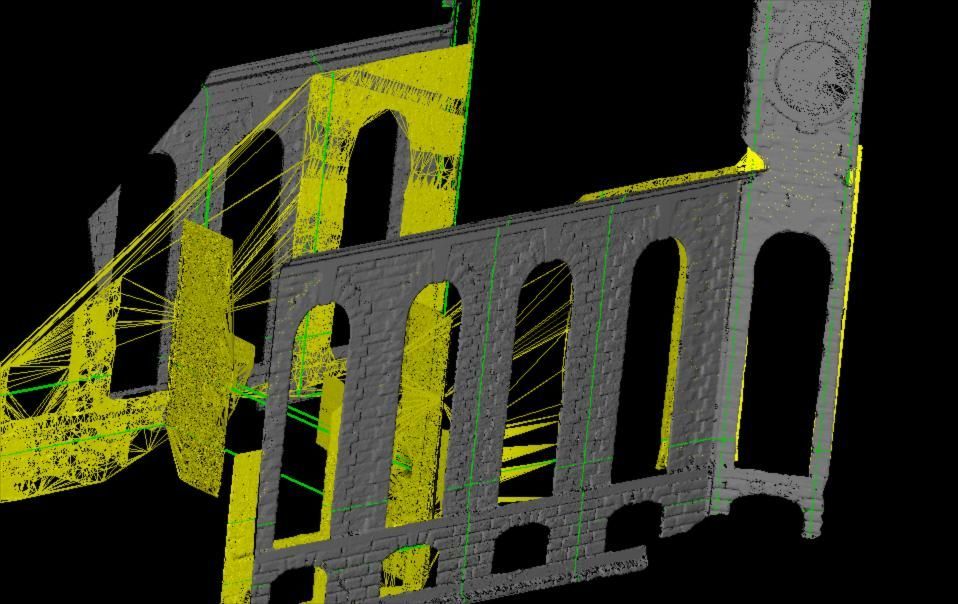 Black and yellow 3D architectural structure with arched openings on a black background