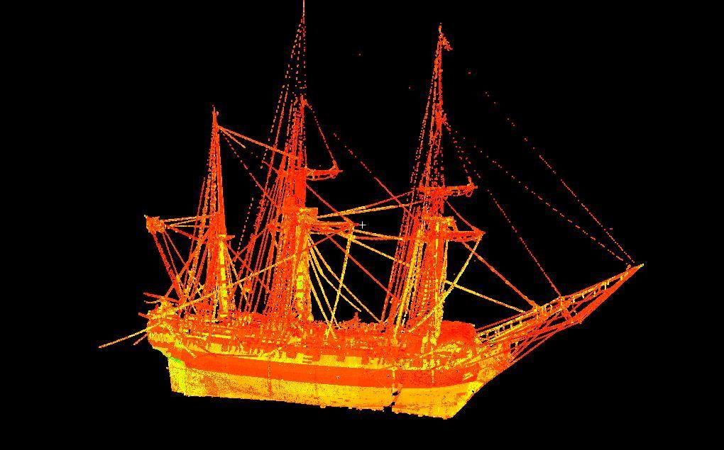 Glowing orange wireframe of a sailing ship on a black background