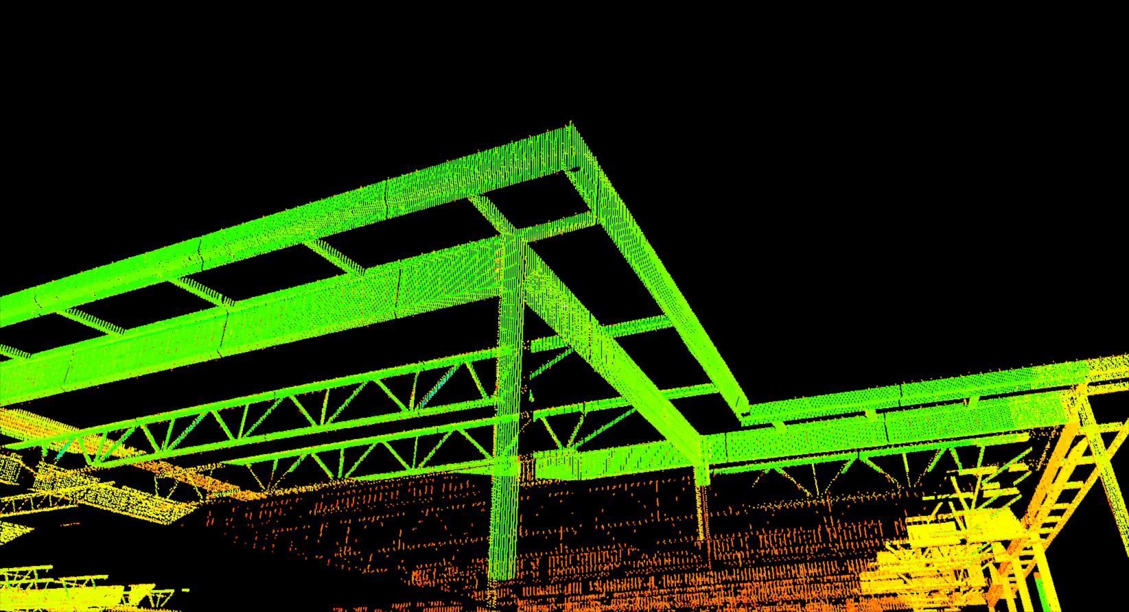 Neon green metal framework against a dark background, resembling a building under construction.