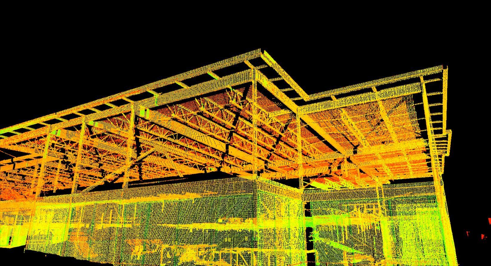 Abstract neon-colored 3D wireframe of a building or structure on a black background