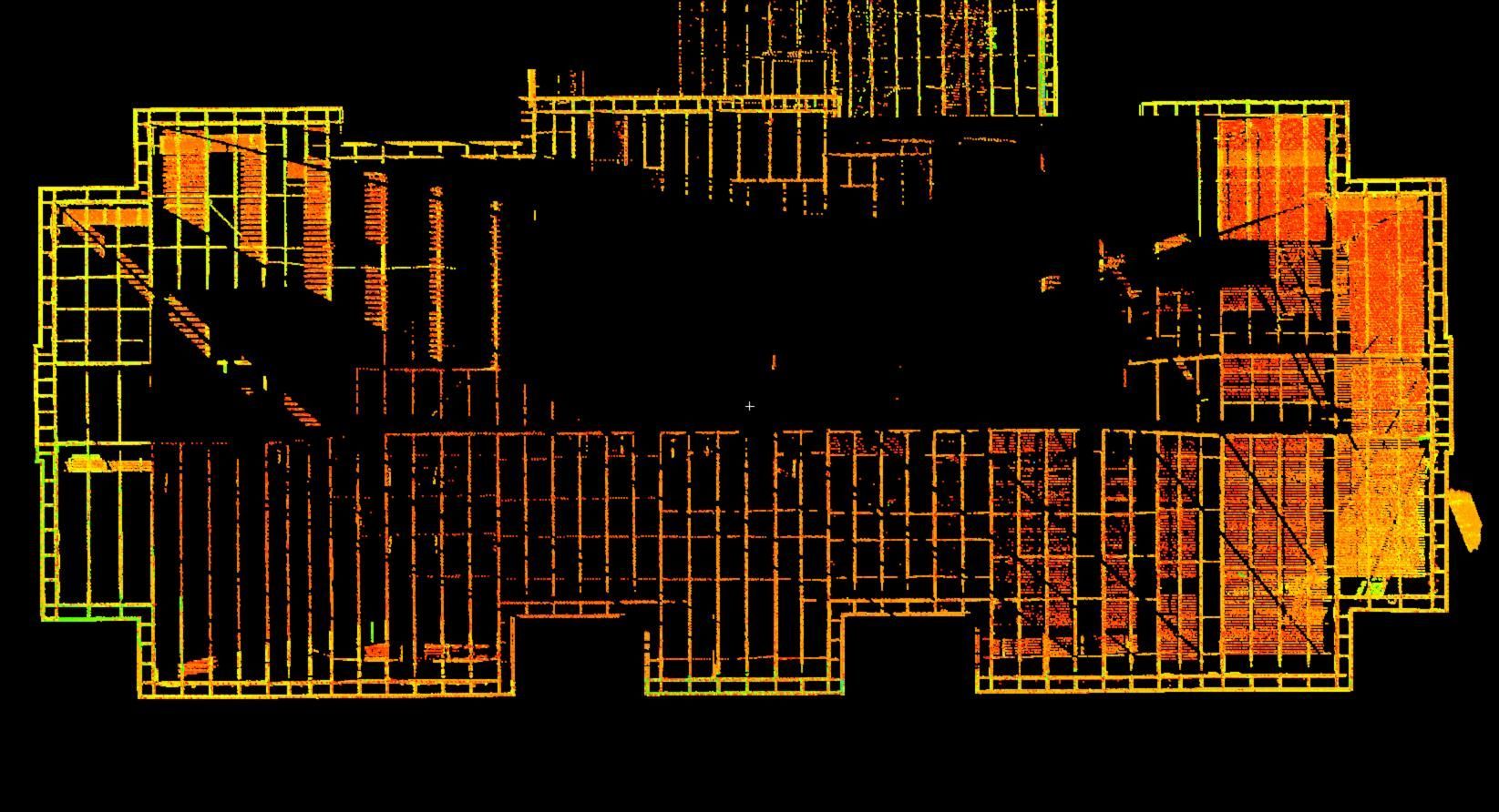 Orange wireframe floor plan on black background, showing a building layout with rooms and corridors.