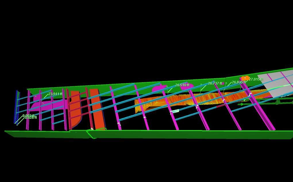 Color-coded 3D structural model of a bridge or walkway with beams, supports, and railing on a black background