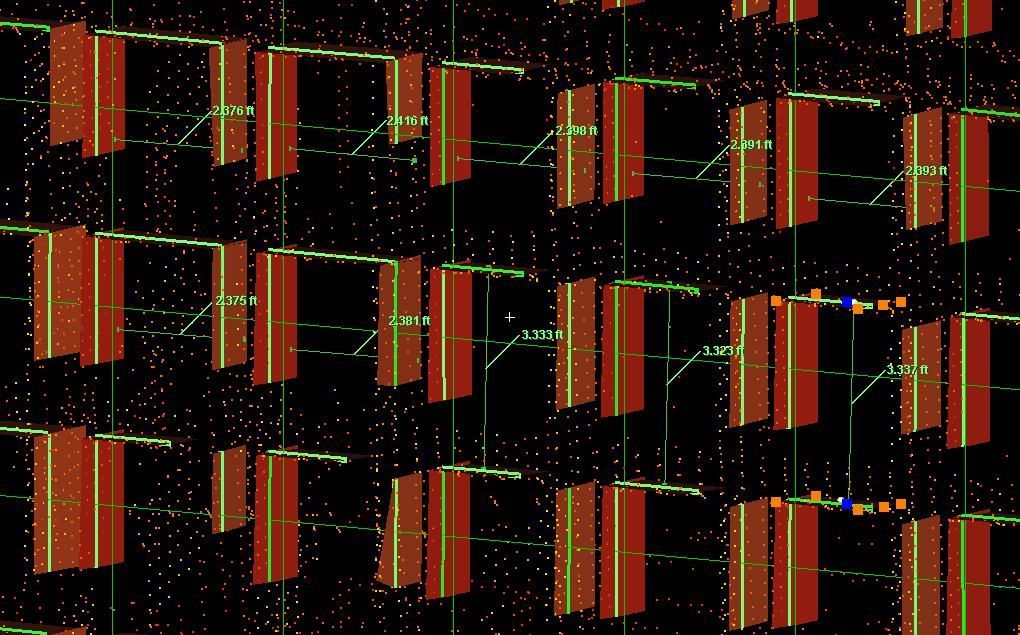Abstract glitch art with red-orange vertical bars and scattered green, yellow, and purple pixel noise on black background