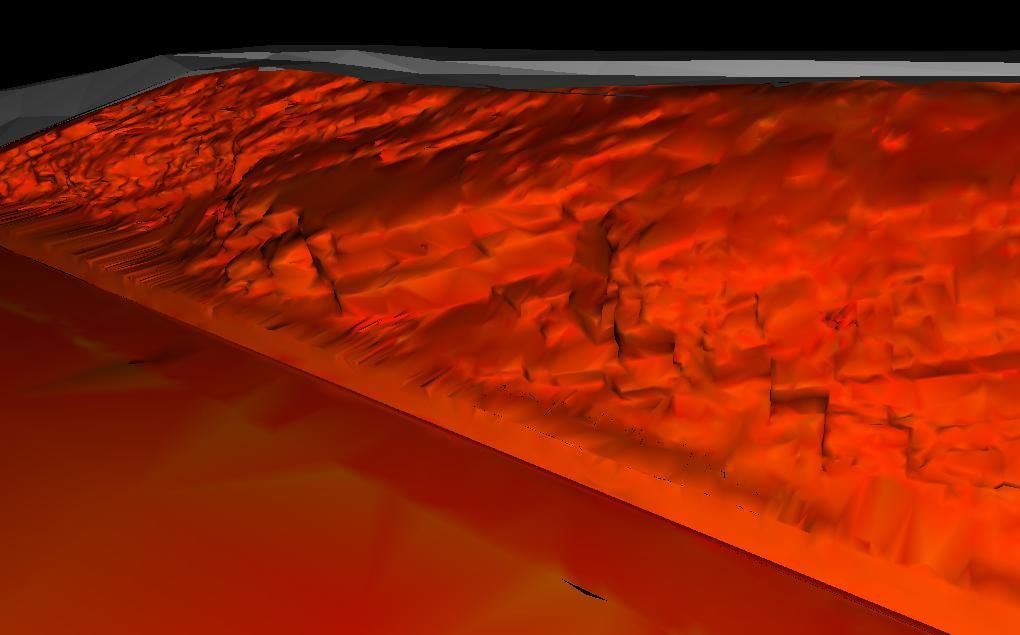 Red-orange abstract rocky surface with a sloping ridge and dark cracks