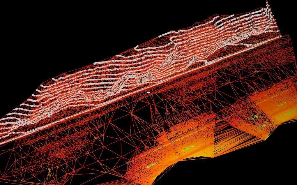 Abstract orange and white wireframe terrain on a black background