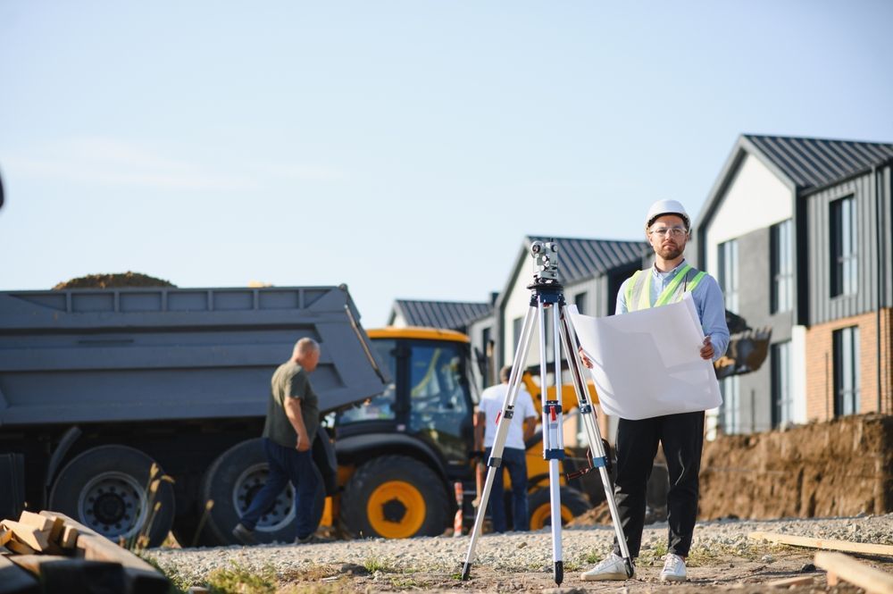 Construction workers with wheelbarrows and a dump truck at a new housing site