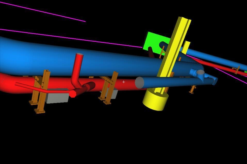 Colorful 3D CAD model of pipes, supports, and a valve assembly on a black background