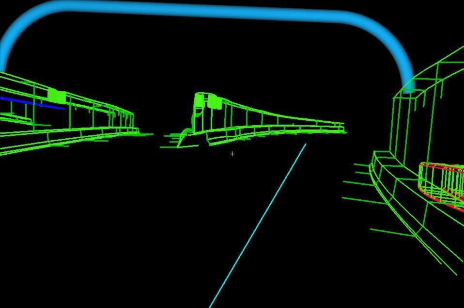 Neon wireframe road scene with green buildings and a blue arch on a black background