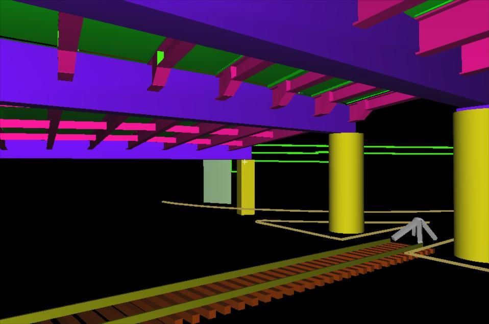 Colorful 3D-rendered underground rail scene with purple beams, yellow columns, and tracks curving into darkness