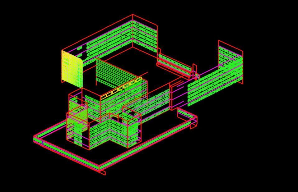 Neon green and red wireframe 3D building model on a black background