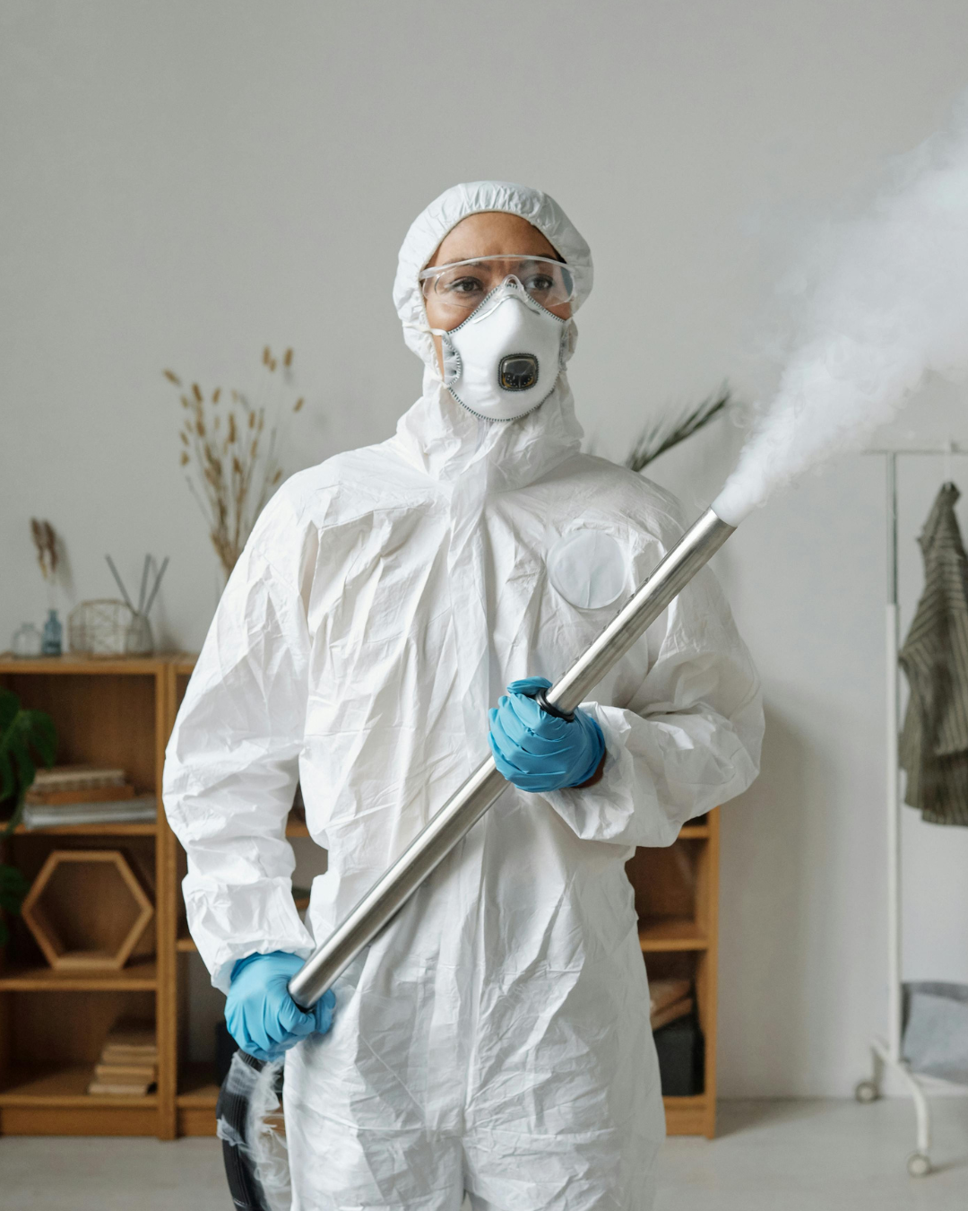 Worker in full protective suit and removing asbestos sheeting from a residential ceiling.