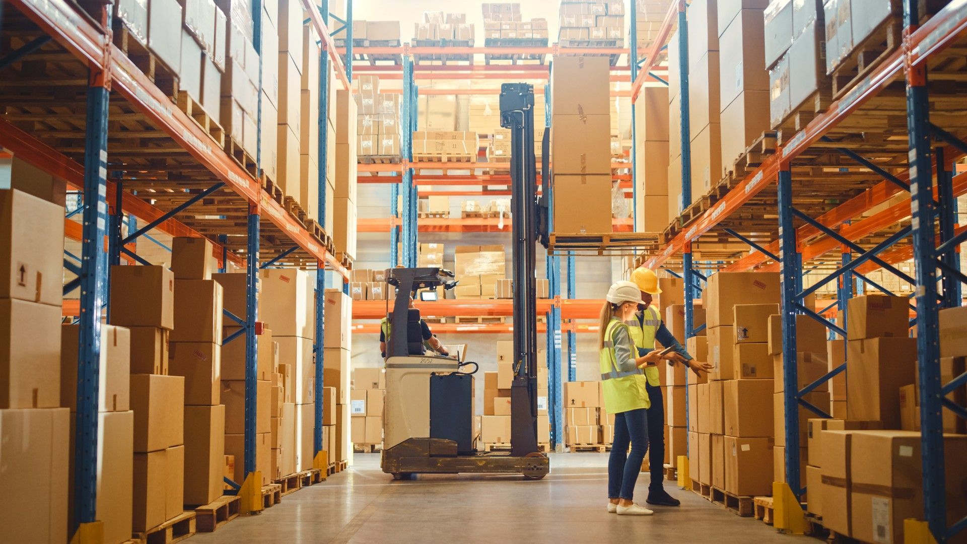 A man is standing next to a forklift in a warehouse.