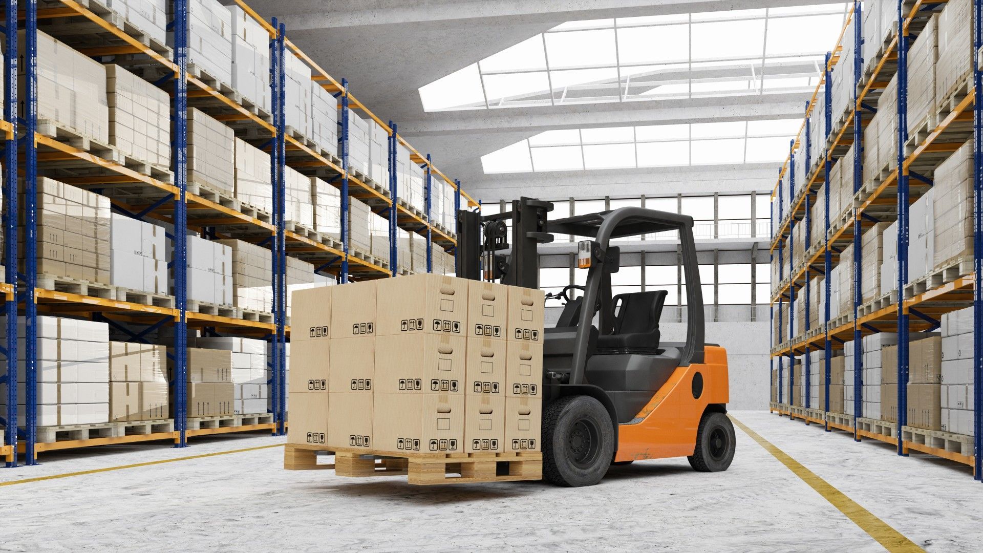 A forklift is carrying a pallet of boxes in a large warehouse.