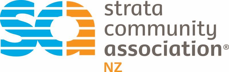 The logo for the strata community association is blue and orange.