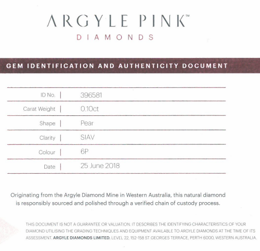 CERTIFIED ARGYLE Pear Diamond 0.10ct 6P SIAV 396581