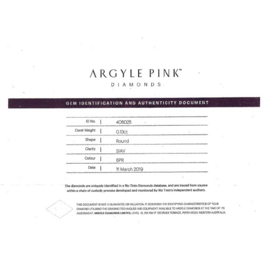 CERTIFIED ARGYLE Round Diamond 0.13ct 6PR SIAV