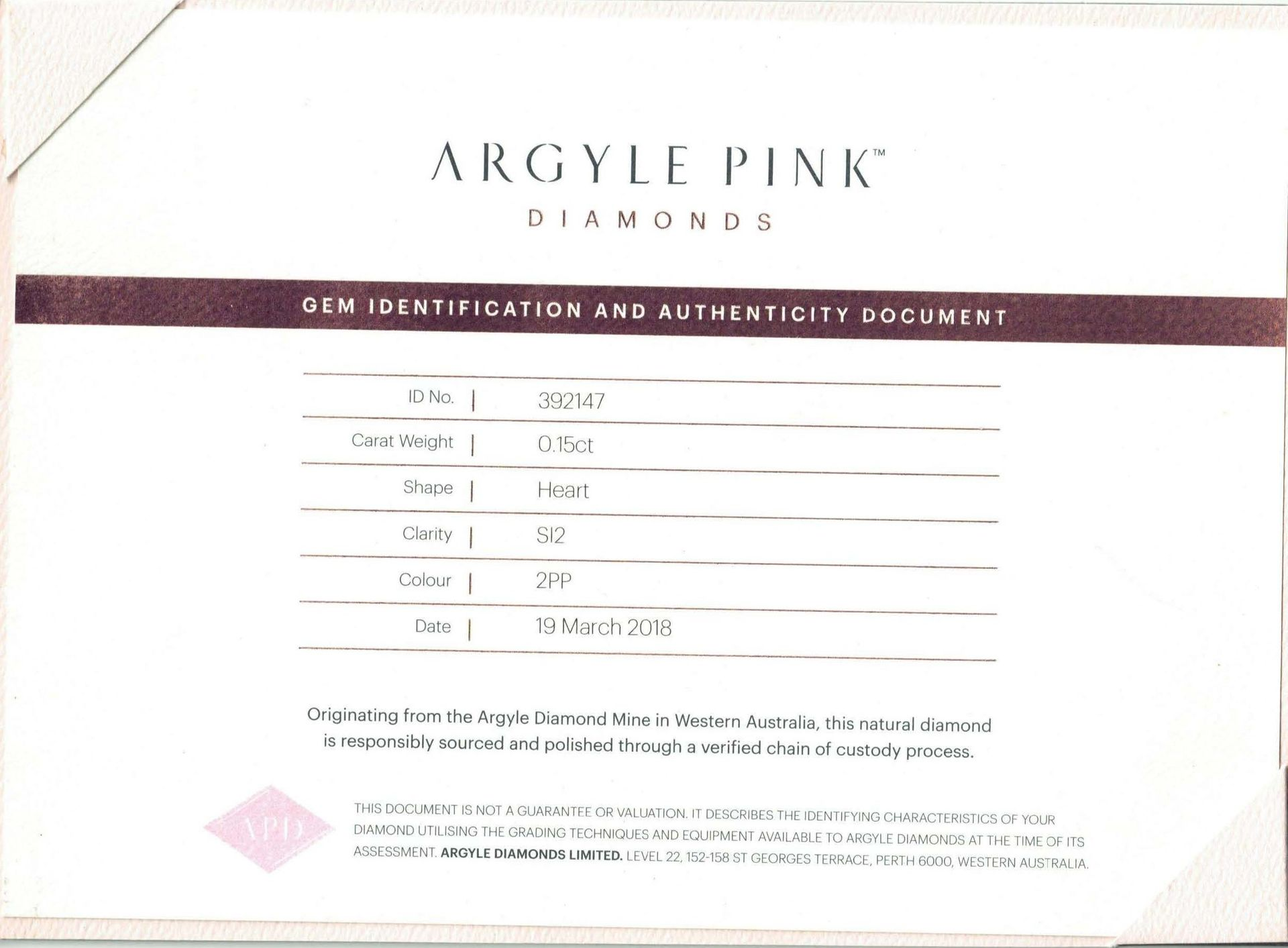 CERTIFIED ARGYLE Heart Diamond 0.15ct 2PP SI2
