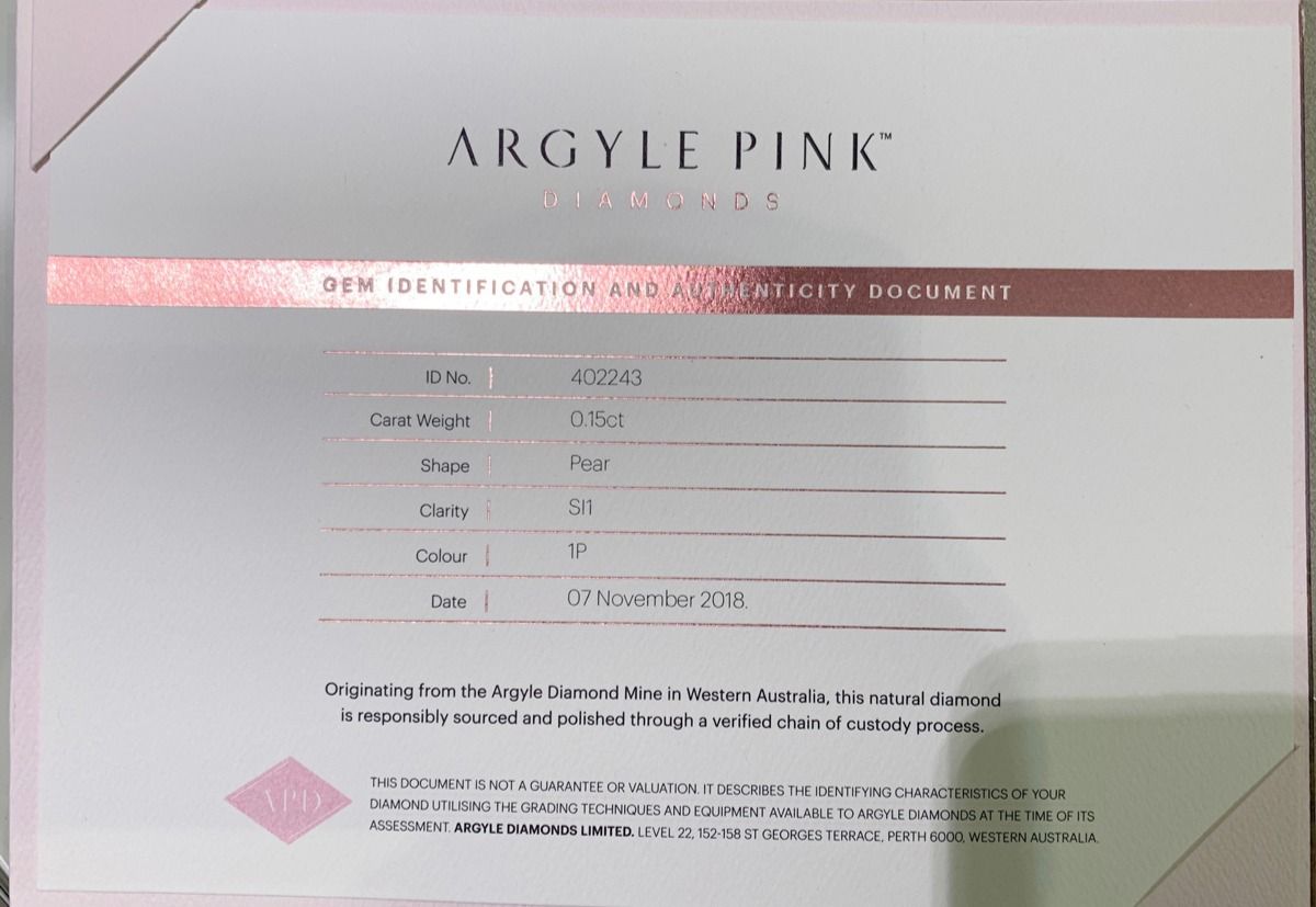 CERTIFIED ARGYLE Pear Diamond 0.15ct 1P SI1