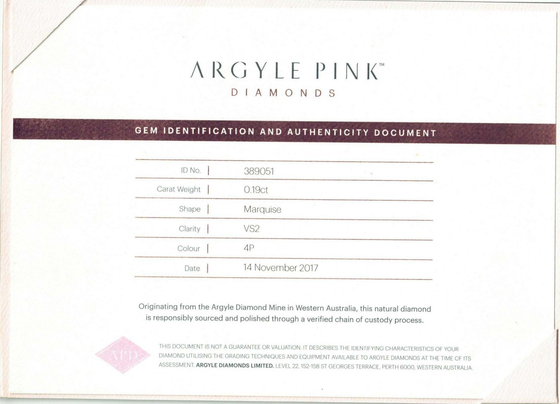 CERTIFIED ARGYLE Marquise Diamond 0.19ct 4PR VS2