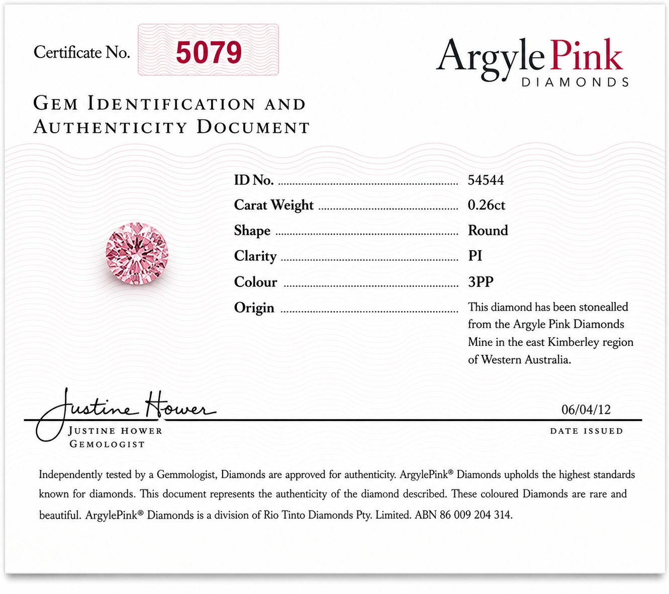 CERTIFIED ARGYLE Round Diamond 0.20ct 3PP P1