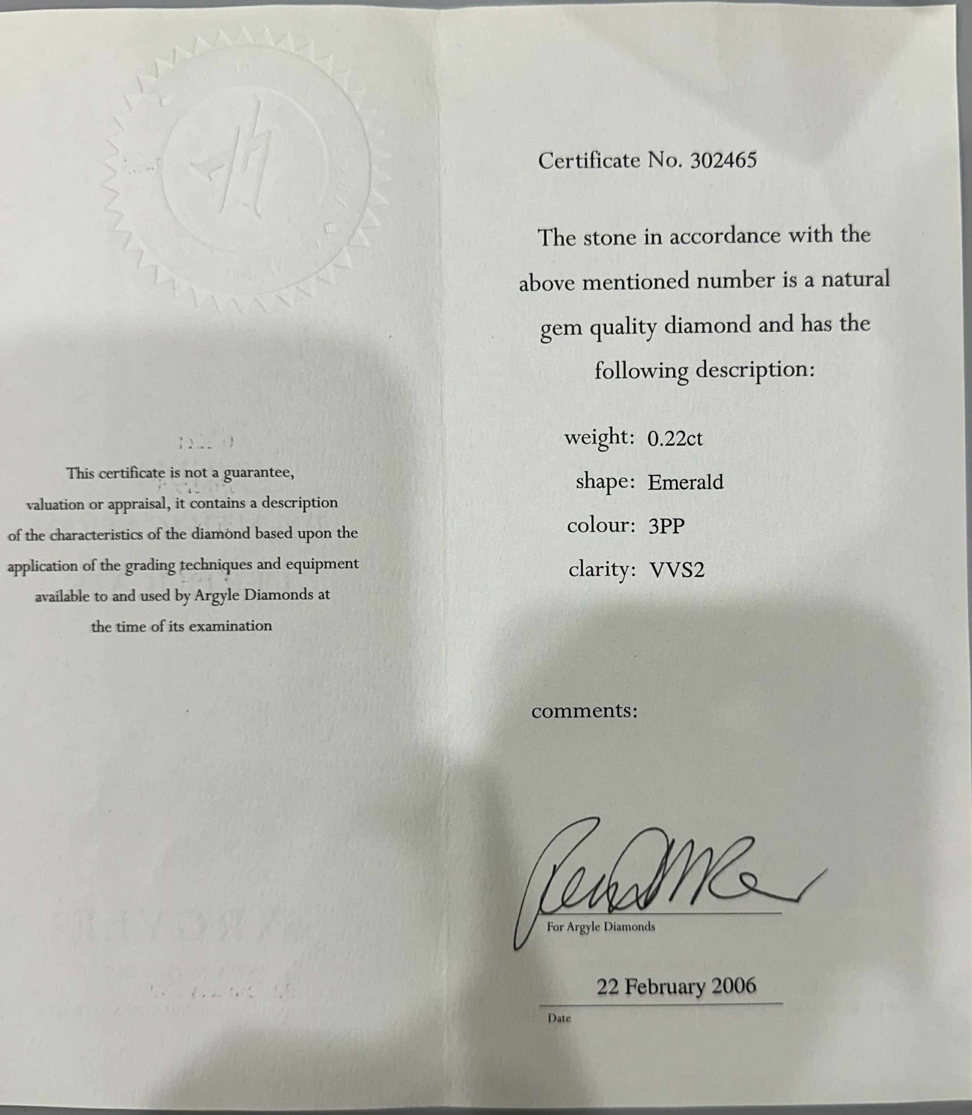 CERTIFIED ARGYLE Emerald Diamond 0.22ct 3PP VVS2