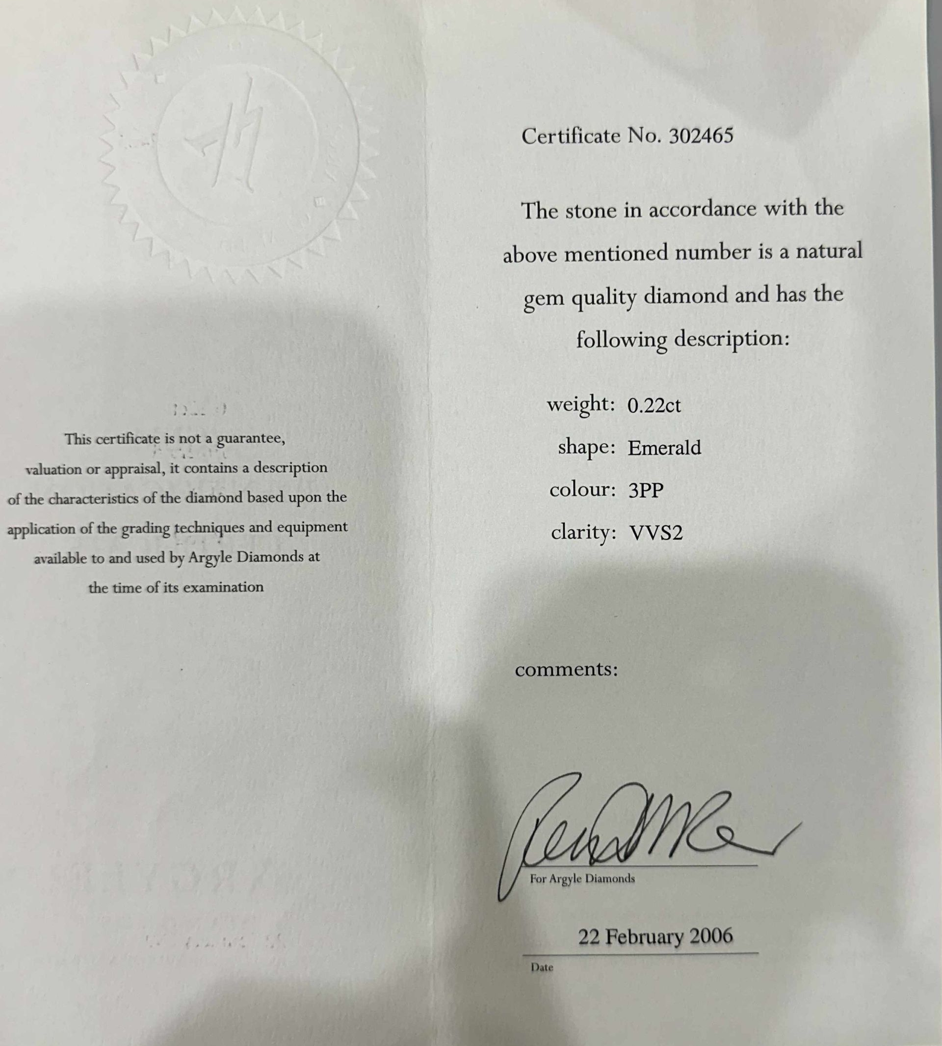 CERTIFIED ARGYLE Emerald Diamond 0.22ct 3PP VVS2